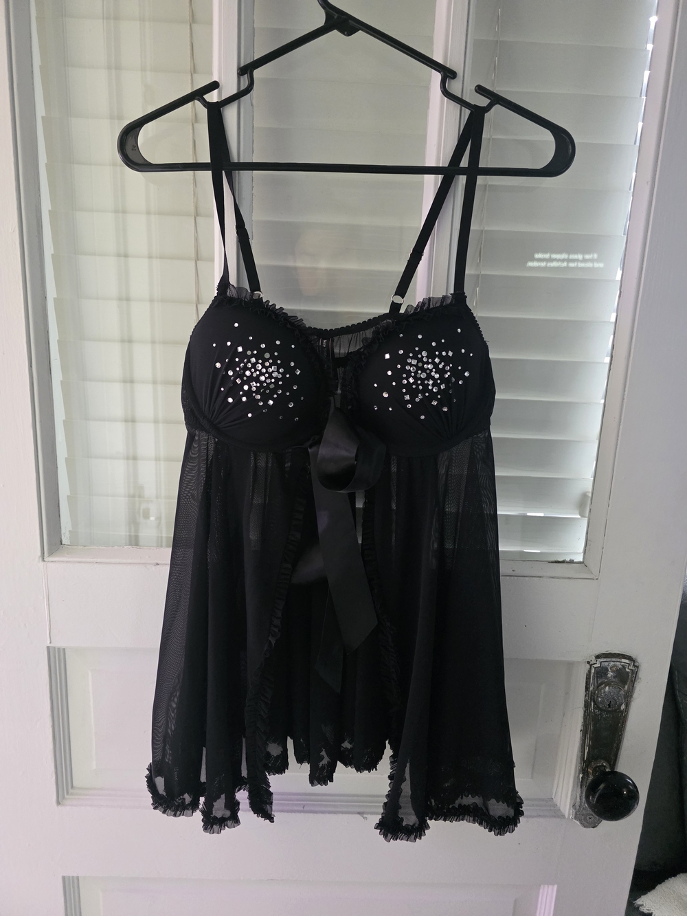 Victoria's Secret Black Rhinestone Babydoll Chemise with Satin Bow